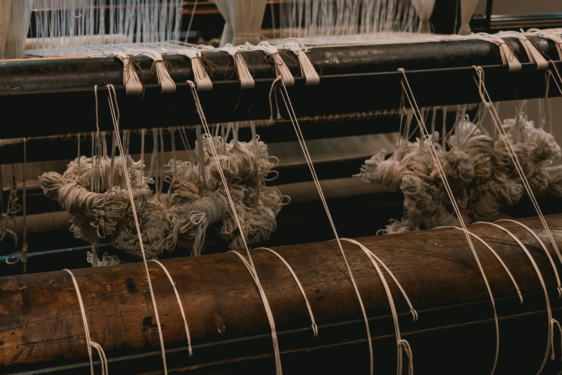 Close-up of wool yarn on a weaving loom